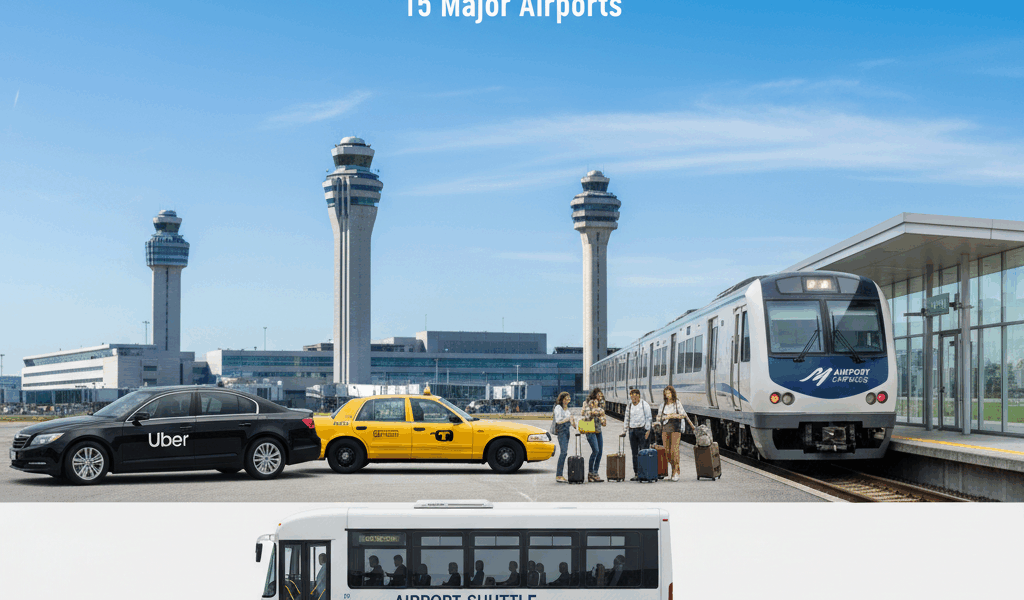 Professional featured image for article: Uber vs Taxi vs Shuttle vs Train at 15 Major Airports. High