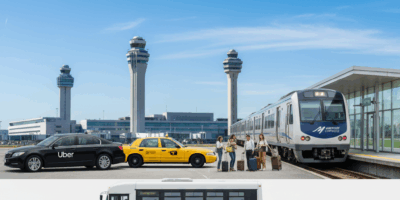 Professional featured image for article: Uber vs Taxi vs Shuttle vs Train at 15 Major Airports. High