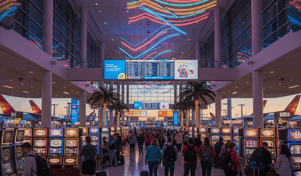 Interior of Las Vegas airport terminal with slot machines, travelers walking, and neon lights creati