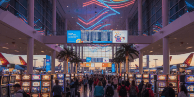 Interior of Las Vegas airport terminal with slot machines, travelers walking, and neon lights creati