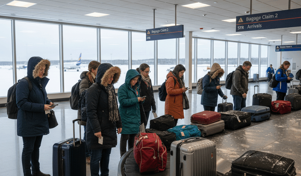 Travelers at baggage claim carousel in Syracuse airport, winter coats visible, luggage on conveyor b