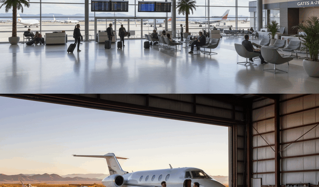 Split view comparing commercial airport terminal with smaller executive airport hangar in Nevada des