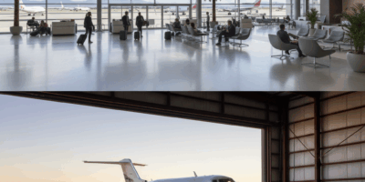 Split view comparing commercial airport terminal with smaller executive airport hangar in Nevada des