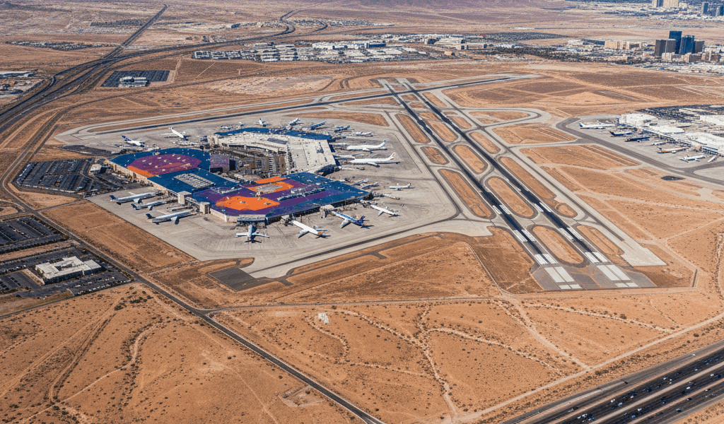 Aerial view of Las Vegas Harry Reid International Airport with desert landscape and colorful termina
