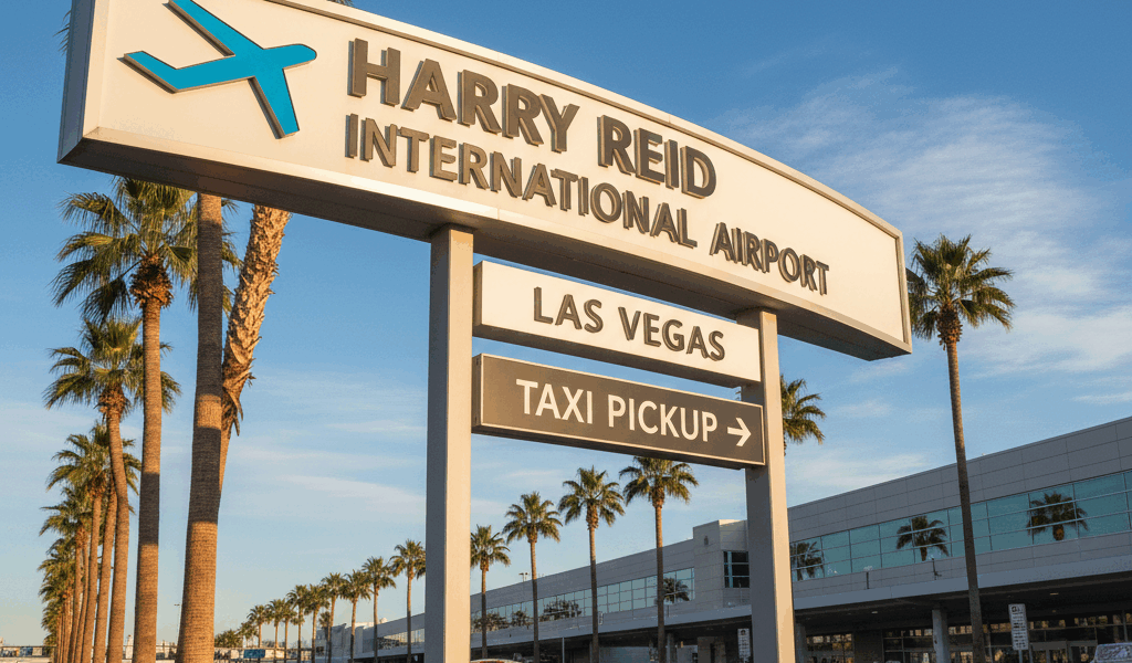 Exterior signage of Harry Reid International Airport Las Vegas with palm trees and taxi pickup area