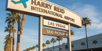 Exterior signage of Harry Reid International Airport Las Vegas with palm trees and taxi pickup area