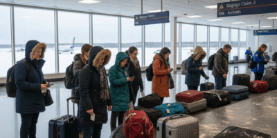 Travelers at baggage claim carousel in Syracuse airport, winter coats visible, luggage on conveyor b