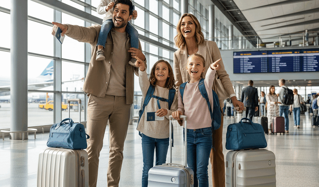 Family traveling at airport